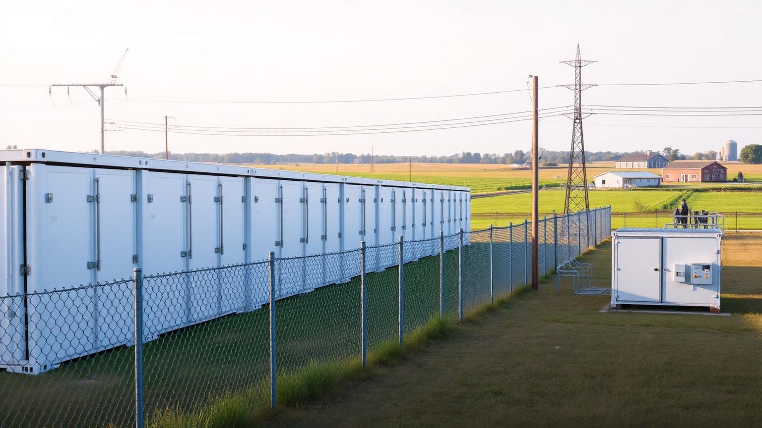 A row of white container-style battery storage enclosures behind a chain-link fence in rural Michigan, with a small substation and transmission lines.