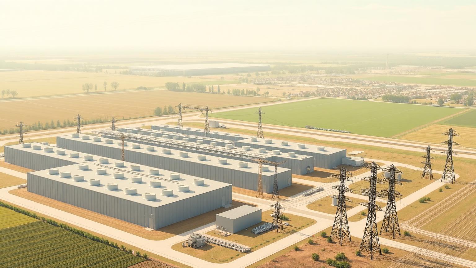 An aerial view of a data center campus with long low buildings, rooftop cooling units, and adjacent transmission lines feeding it from a substation.