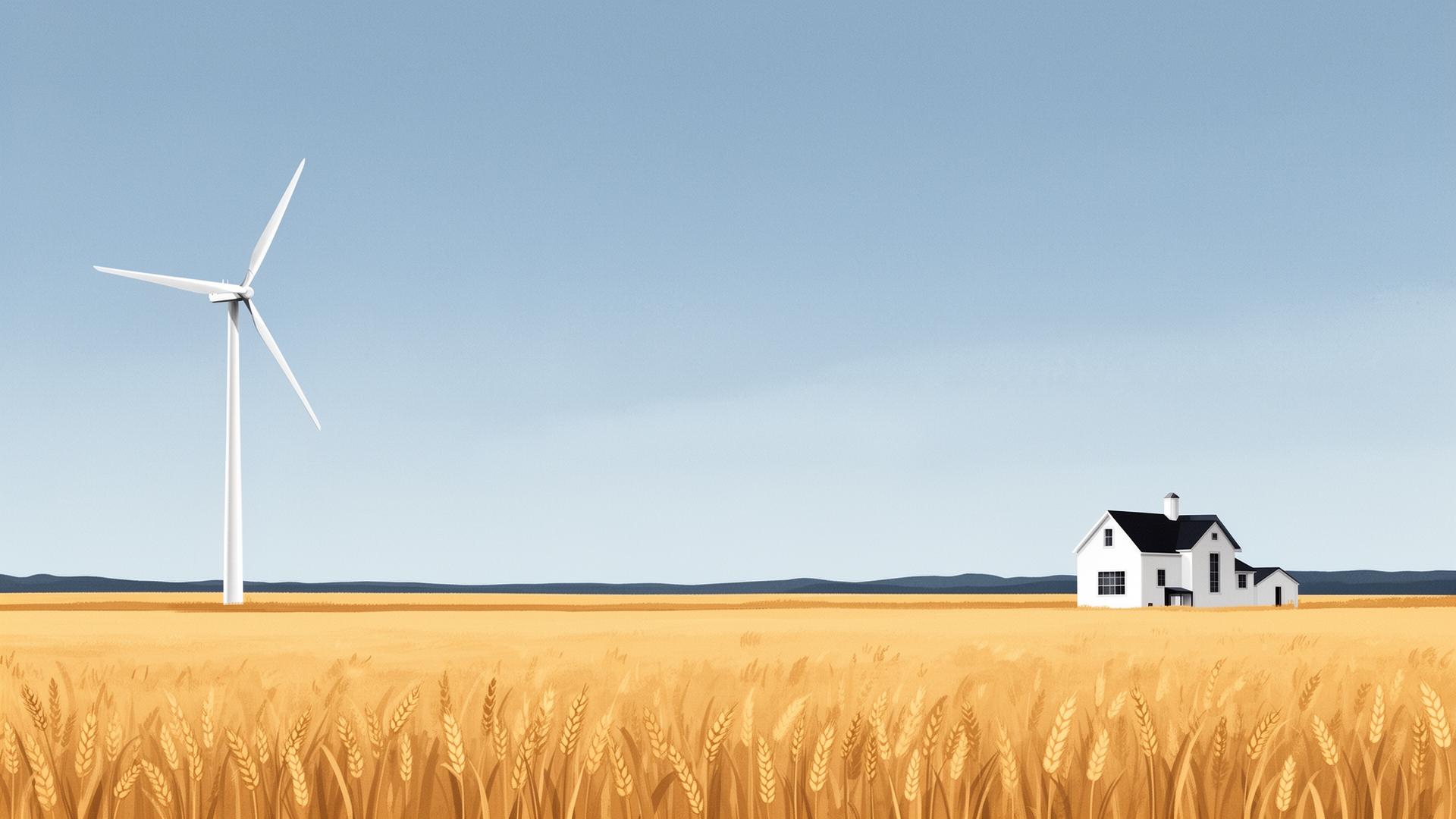 A wind turbine and a farmhouse separated across open Michigan farmland, illustrating setback distance.