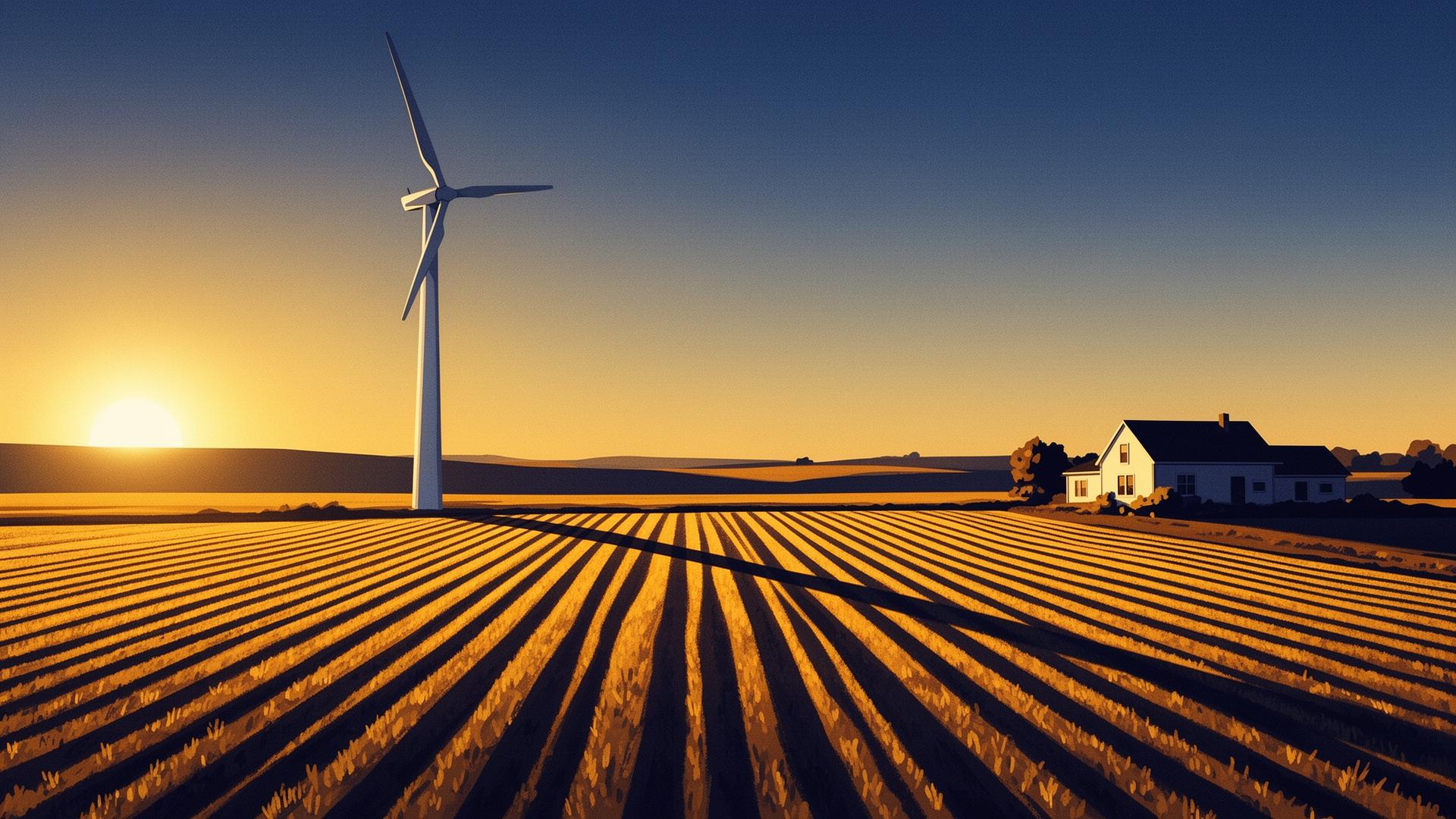 A wind turbine at golden hour casting long striped shadows across rows of farmland toward a distant home.