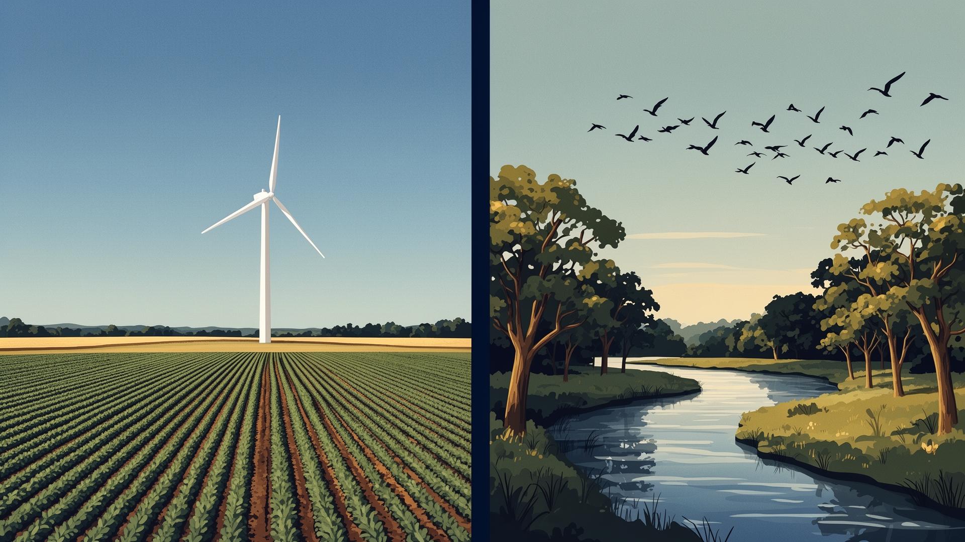 Split scene comparing a turbine in open farmland with a turbine near a wooded river habitat with birds overhead.